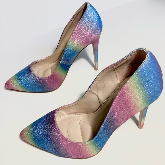 Anne Michelle Glitter Pumps Rainbow Heels Pointed Toe HIBISCUS Stilletos sz 7 - Picture 5 of 16